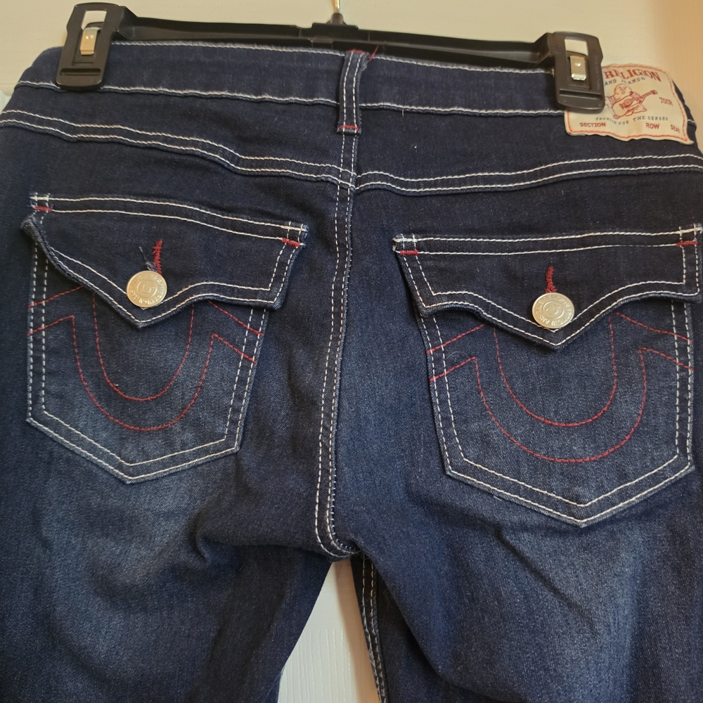 True Religion Dark Blue Boot Cut Jeans with Red Accent Stitching
